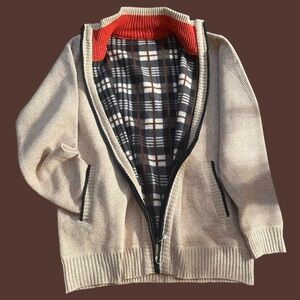 NWOT Unique Beige Cardigan With Beautiful Plaid Flannel Lining Sz Men’s Large